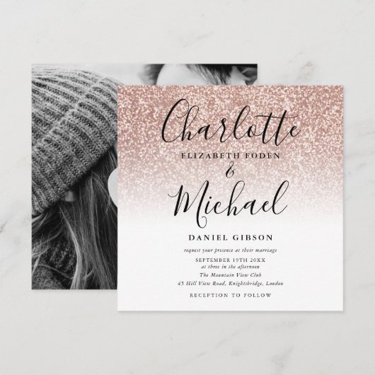 Invitation Simple Rose Gold Glitter Script Photo de Mariage (Devant / Derrière)