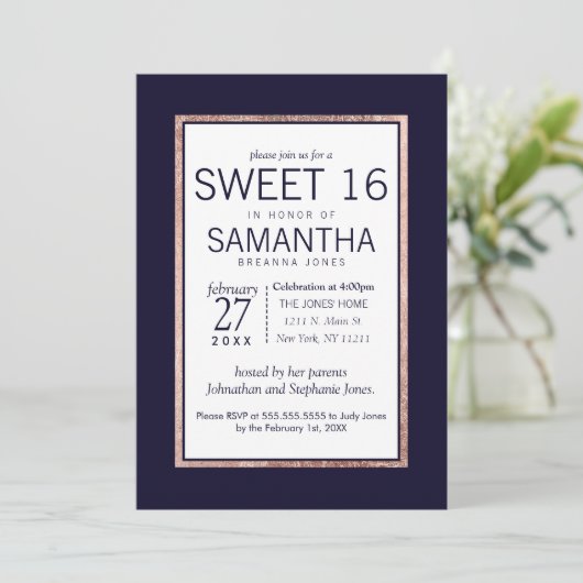 Invitation Simple Rose Gold Lined Marine Bleu Sweet 16 Invita (Debout devant)