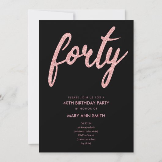 Invitation Simple Rose Gold Parties scintillant 40e fête d'an (Devant)