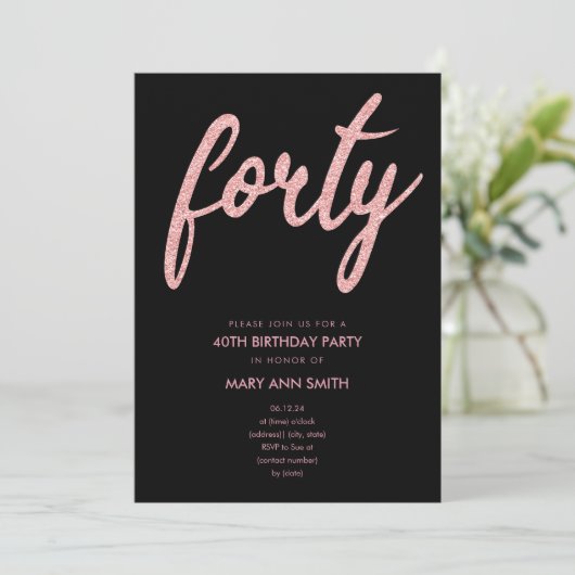 Invitation Simple Rose Gold Parties scintillant 40e fête d'an (Debout devant)