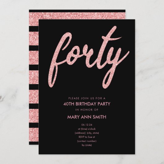 Invitation Simple Rose Gold Parties scintillant 40e fête d'an (Devant / Derrière)