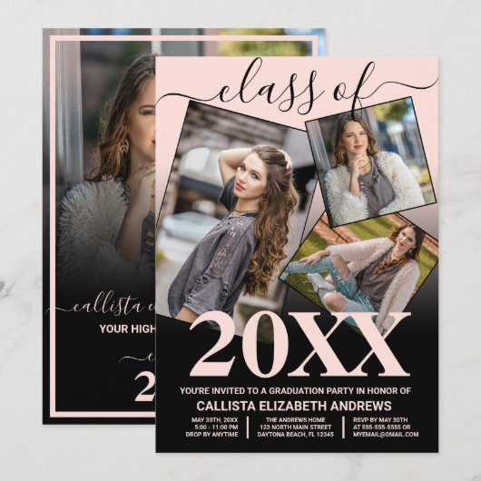 Invitation Simple rose noir Ombre Graduation Photo Collage (Devant / Derrière)