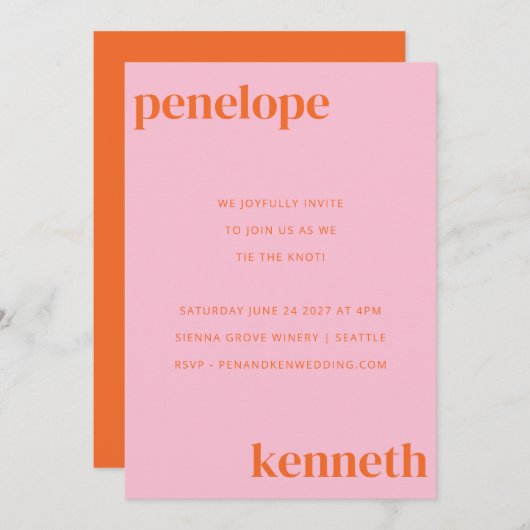 Invitation Simple Rose Orange Chic Mariage Moderne Tout En Un (Devant / Derrière)