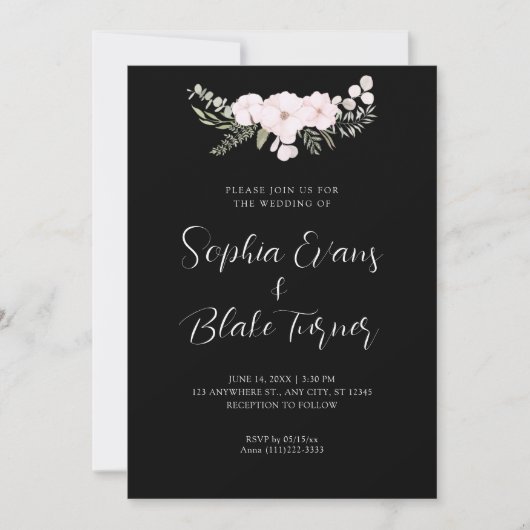 Invitation Simple rose pâle et vert Floral Mariage noir (Devant)
