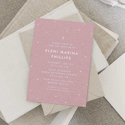 Invitation simple rose pour baptême avec des point