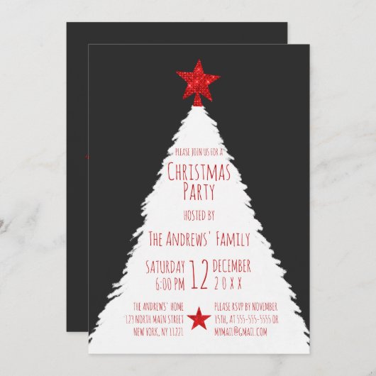 Invitation Simple rouge noir blanc Parties scintillant étoile (Devant / Derrière)