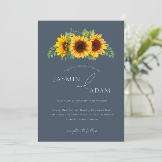 Invitation Simple Royal Blue Opulence Sunflower Boho Mariage (Debout devant)
