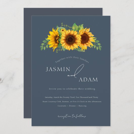 Invitation Simple Royal Blue Opulence Sunflower Boho Mariage (Devant / Derrière)