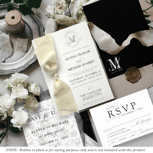 Invitation Simple Ruban à Crête Vintage Noir et Blanc Mariage