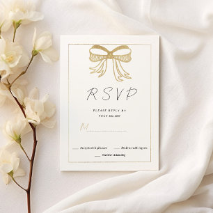Invitation Simple ruban à nœud pailleté or blanc RSVP 