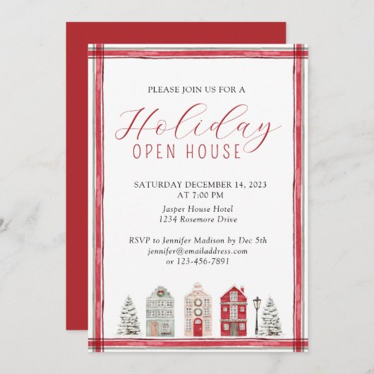 Invitation Simple Russe Aquarelle Vacances Open House Rouge (Devant / Derrière)