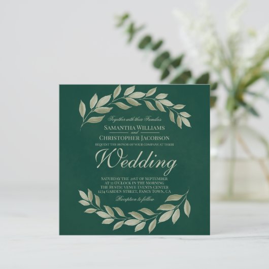 Invitation Simple Rustic Garden Feuilles Emerald Green Mariag (Debout devant)