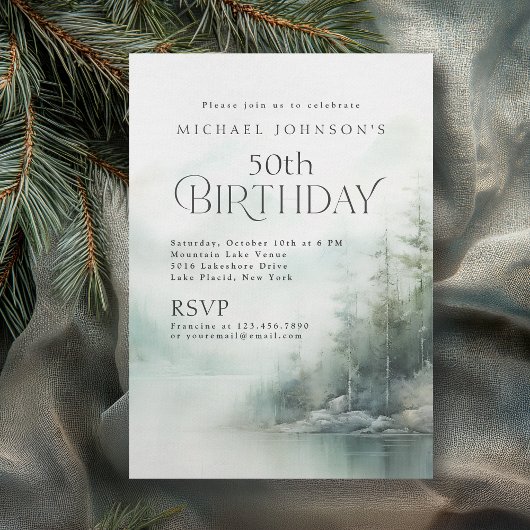 Invitation Simple Rustic Mountain Lake 50th Birthday