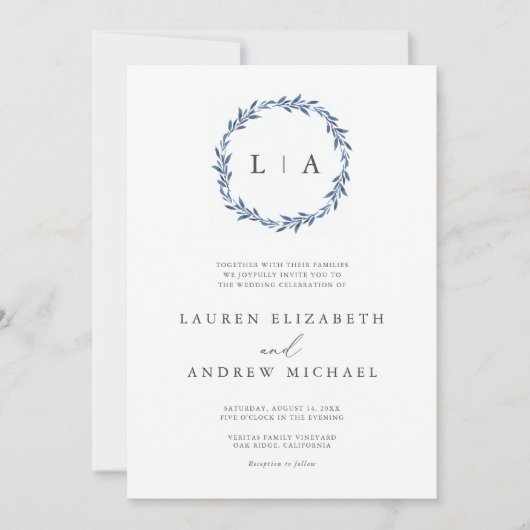 Invitation Simple Rustique Dusty Bleu Moderne Mariage (Devant)