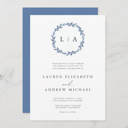Invitation Simple Rustique Dusty Bleu Moderne Mariage (Devant / Derrière)
