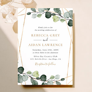 Invitation Simple Rustique Eucalyptus Mariage or de verdure