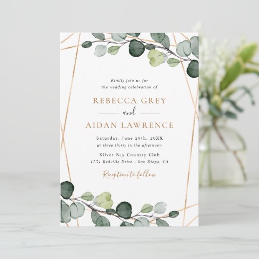 Invitation Simple Rustique Eucalyptus Mariage or de verdure (Debout devant)