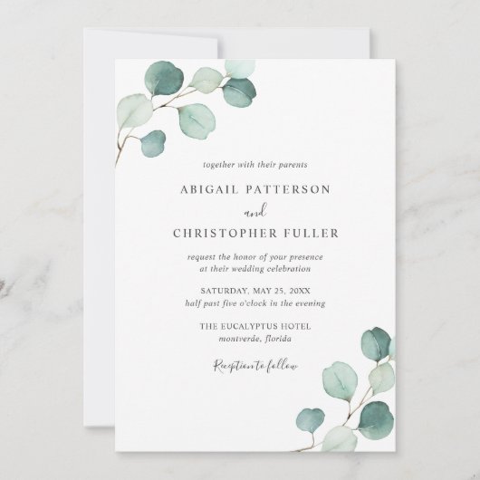 Invitation Simple Rustique Eucalyptus Verdure Mariage élégant (Devant)