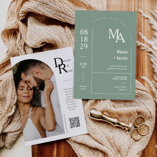 Invitation Simple Sage Green Moderne Minimal Boho Arch QR Cod
