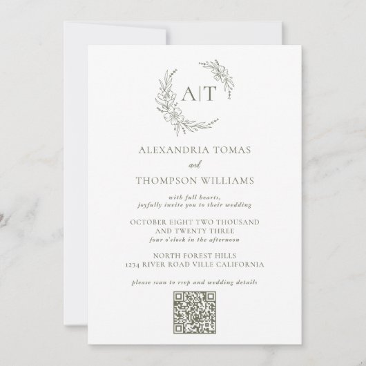 Invitation Simple Sage Green Photo Code QR Mariage RSVP (Devant)
