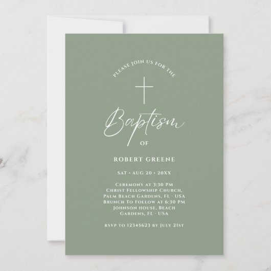 Invitation Simple Sage Green Script bébé bébé photo Baptême (Devant)