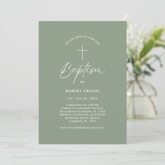 Invitation Simple Sage Green Script bébé bébé photo Baptême (Debout devant)