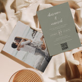 Invitation Simple Sage Green Script Photo QR Code Mariage
