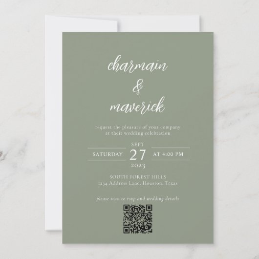 Invitation Simple Sage Green Script Photo QR Code Mariage (Dos)