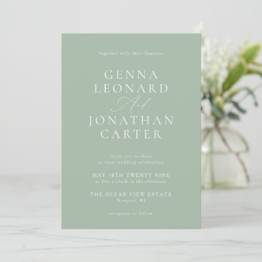 Invitation Simple Sage Vert & Blanc Mariage élégant (Debout devant)