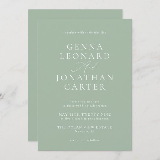 Invitation Simple Sage Vert & Blanc Mariage élégant (Devant / Derrière)