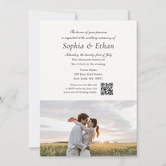 Invitation Simple Script 2 Photo QR Code Mariage Blanc (Devant)