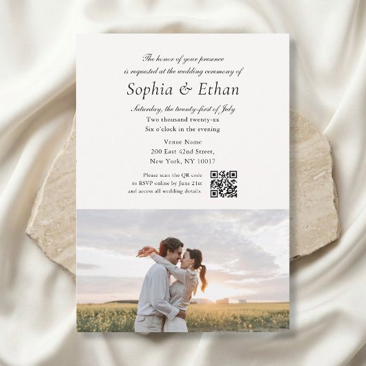 Invitation Simple Script 2 Photo QR Code Mariage Blanc