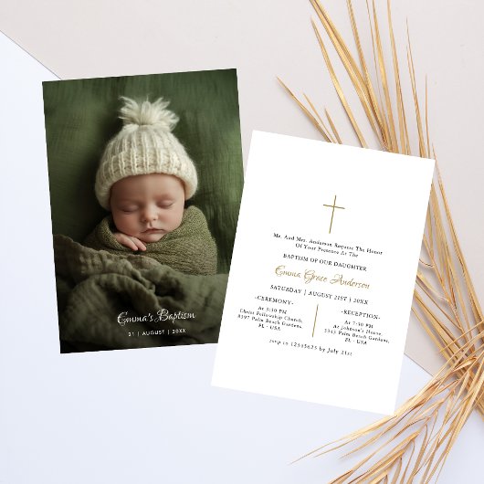 Invitation Simple Script Baptême catholique bébé Photo Gold