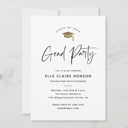Invitation Simple Script Black and White Graduation Party (Devant)