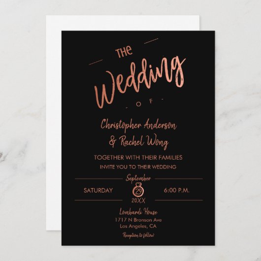 Invitation Simple Script Black Rose Gold Foil Le Mariage de (Devant / Derrière)