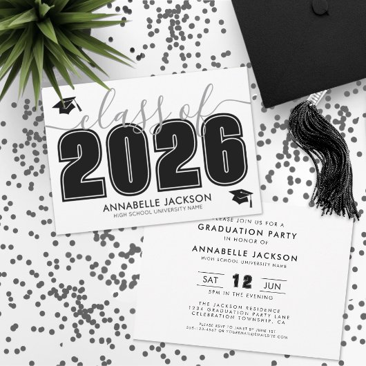 Invitation Simple Script Black White Graduation Party