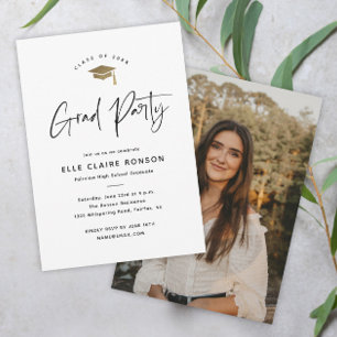Invitation Simple Script Black & White Photo Graduation Party