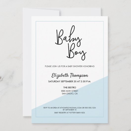 Invitation Simple Script Blue Modern Baby Boy Douche (Devant)