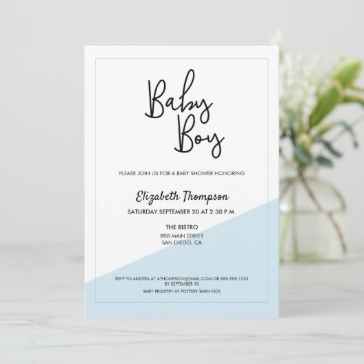 Invitation Simple Script Blue Modern Baby Boy Douche (Debout devant)