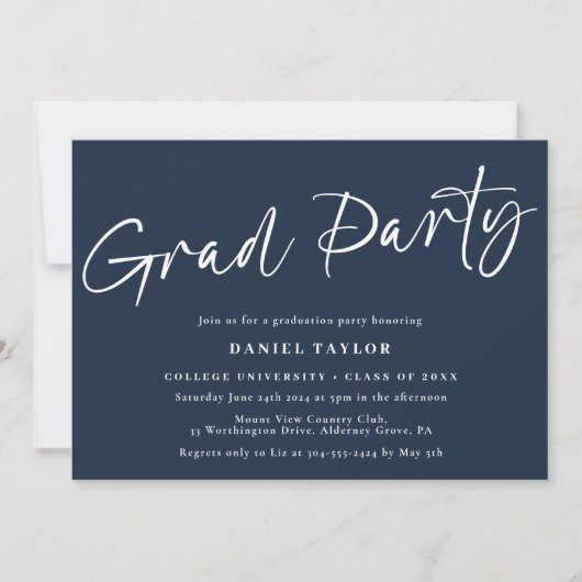 Invitation Simple Script Blue White Graduation Party (Devant)