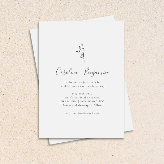 Invitation Simple Script Botanique Mariage Noir Blanc Boho