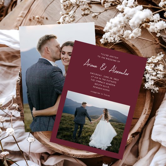 Invitation Simple Script Burgundy Deux Mariage photo