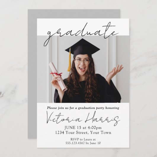Invitation Simple Script Custom Photo Fun Élégant Graduation (Devant / Derrière)