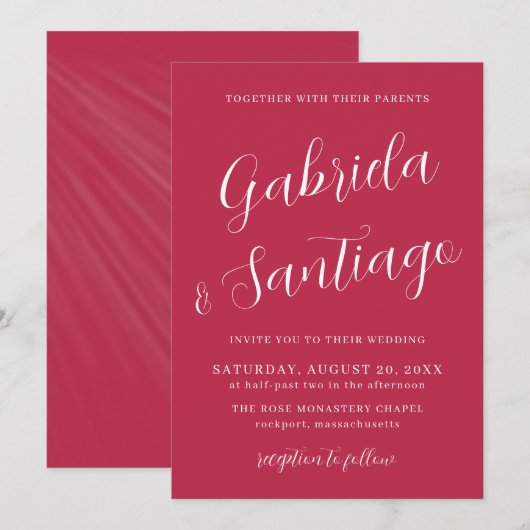 Invitation Simple Script élégant Mariage moderne Magenta (Devant / Derrière)
