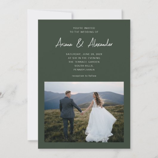 Invitation Simple Script Forest Green Deux Mariage photo (Devant)