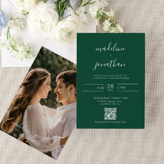 Invitation Simple Script Forest Green Photo QR Code Mariage