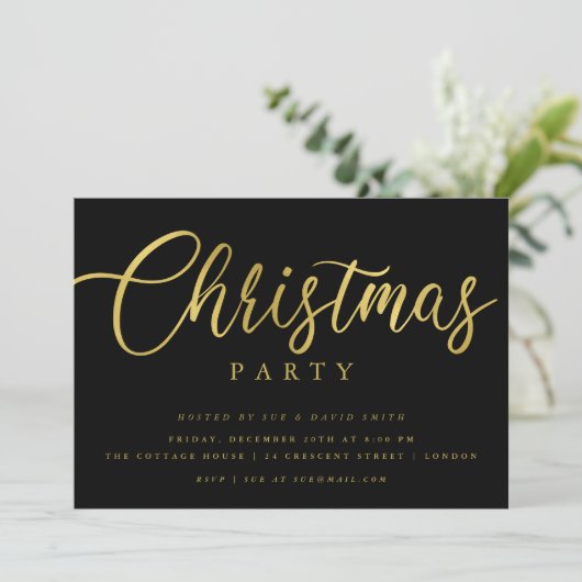 Invitation Simple Script Gold Black Mini Noël Party (Debout devant)