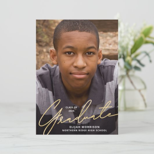 Invitation Simple Script Gold Overlay Photo Party (Debout devant)