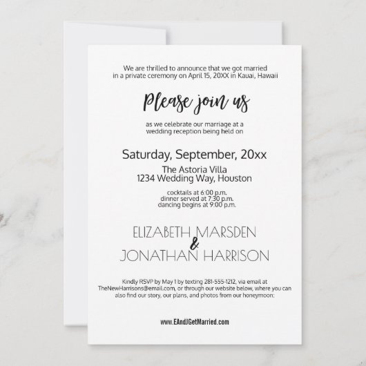 Invitation Simple Script Juste Marié Site Web RSVP Réception (Dos)