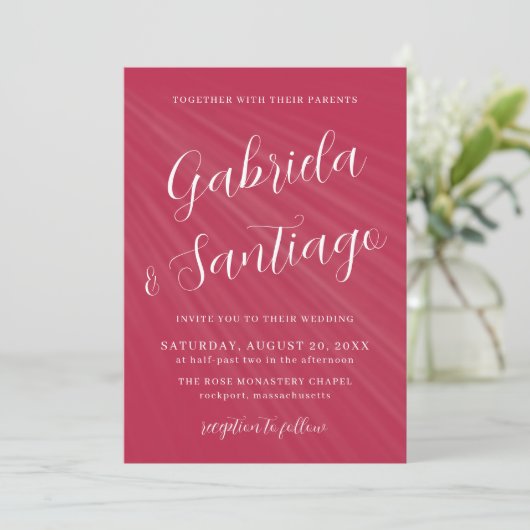 Invitation Simple Script Magenta et Mariage blanc (Debout devant)